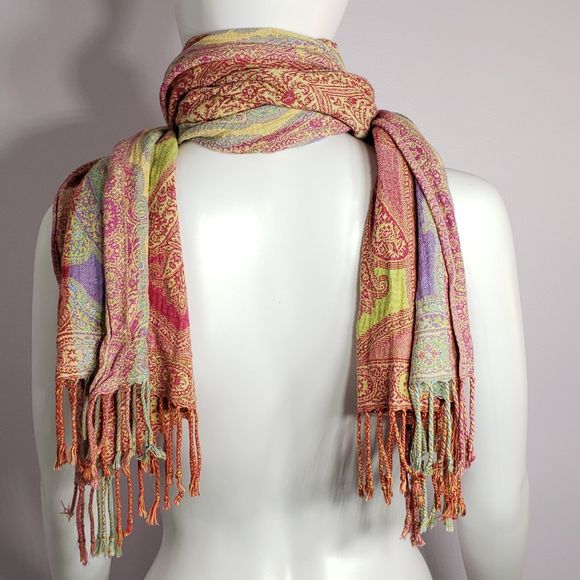 Very Colorful & Versatile Paisley Print 71" x 17" Scarf with 2.5" Tassels - Picture 6 of 16